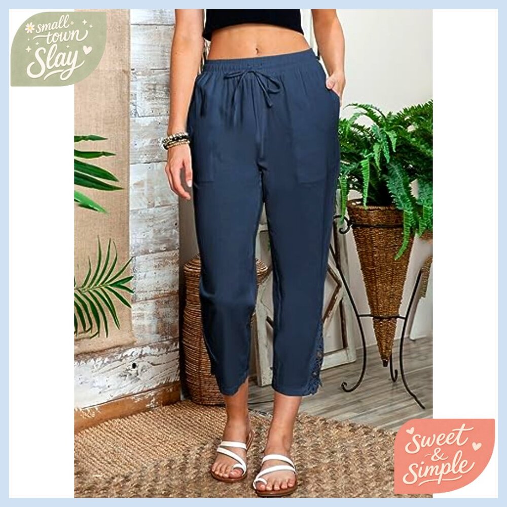 Casual Lightweight Drawstring Elastic Waist Pants with Pockets Capri Length - Picture 4 of 7